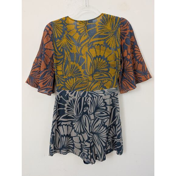 BCBGMAXAZRIA Ivy Cotton Silk Blocked Floral Print Tie Front Romper Size XS - Picture 5 of 13